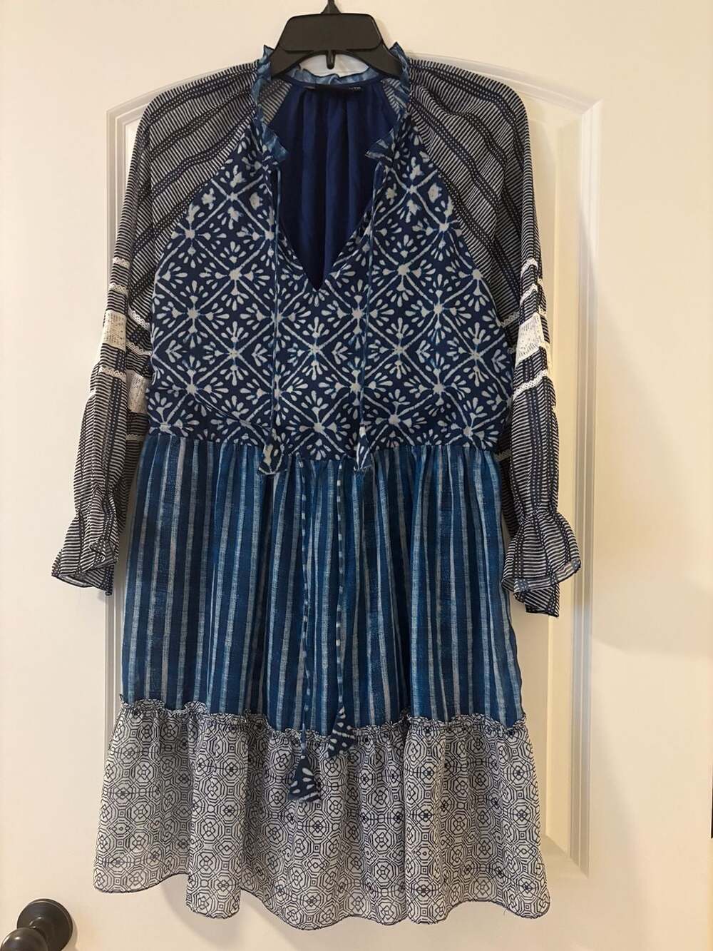 Hemant & Nandita Dress Size S Blue Printed Long Sleeve Boho Mini